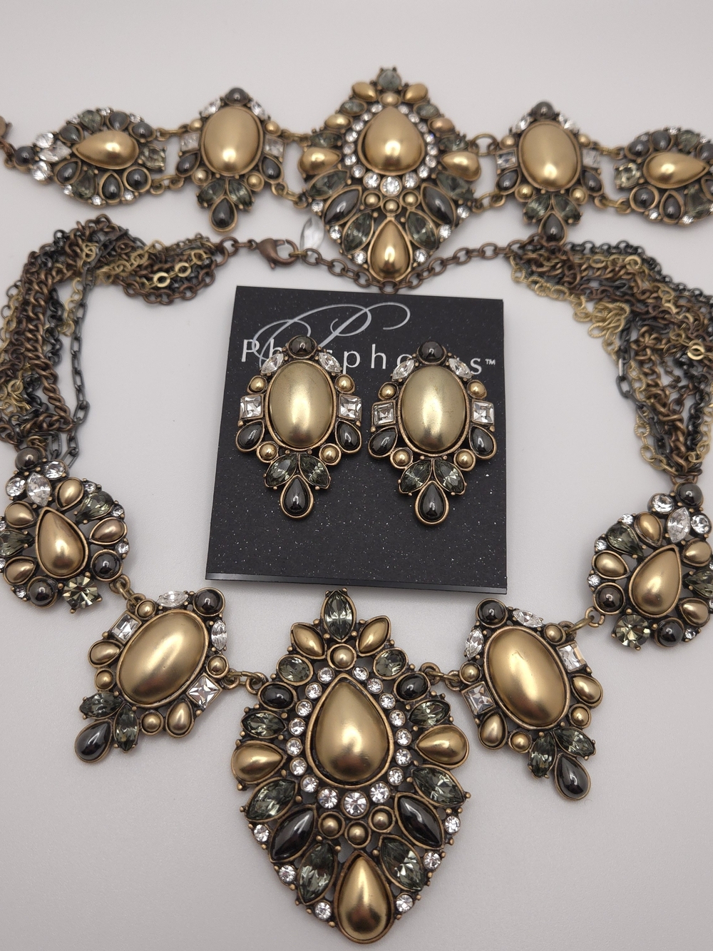 Stunning Statement Set Necklace Clip-On Earrings Bracelet Gold Tone